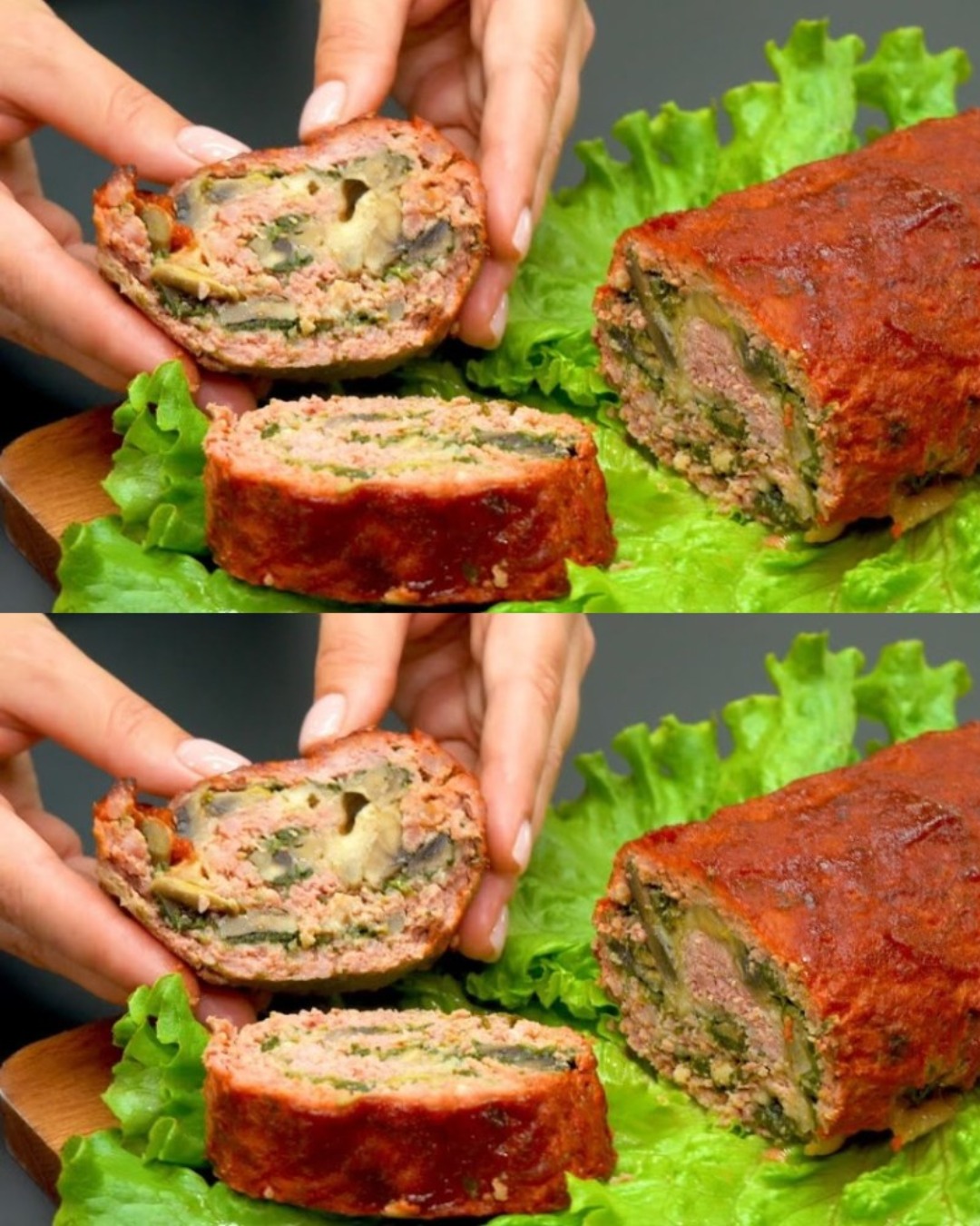 Ruladă din Carne Tocată Umplută cu Spanac, Ciuperci și Mozzarella