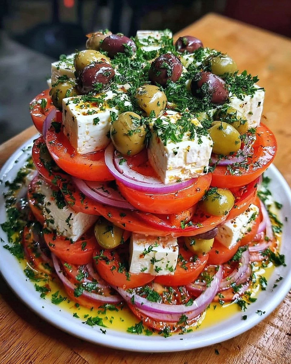 Turnulețul Grecesc cu Feta o salată spectaculoasă, simplă și plină de prospețime mediteraneană