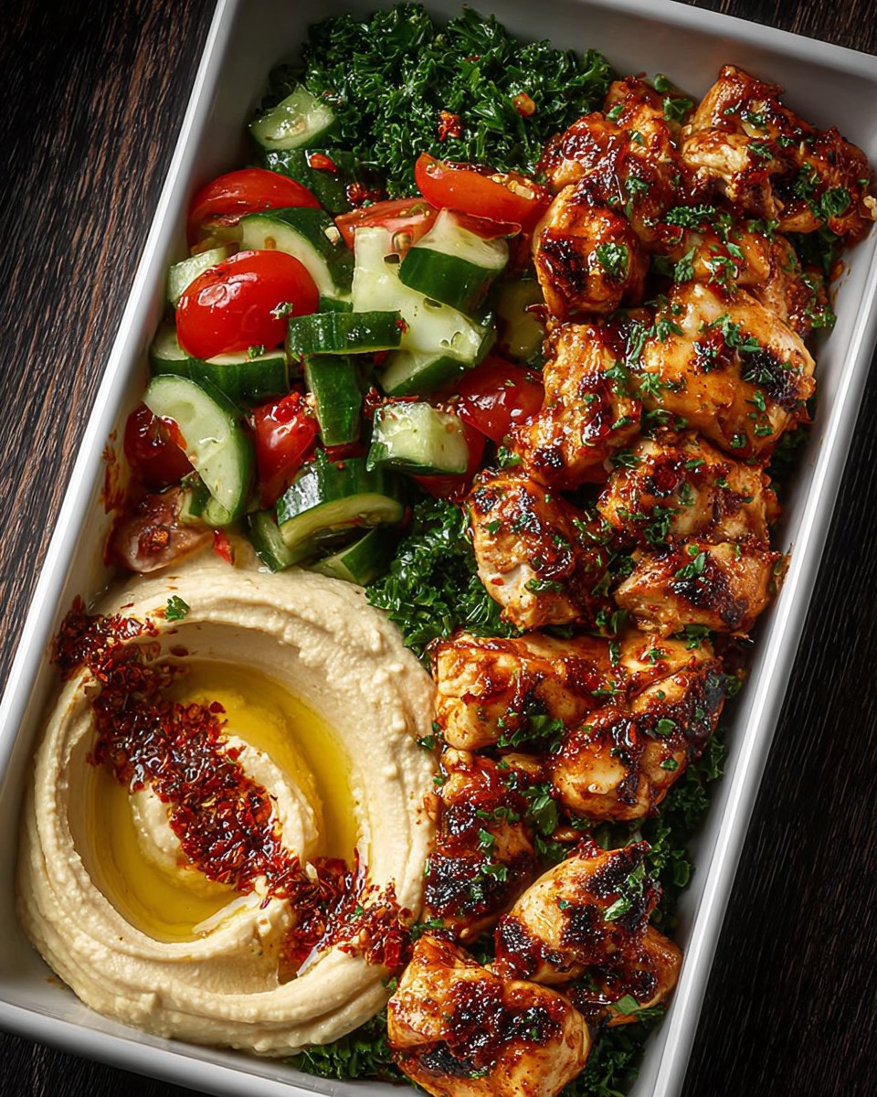 Bowl cu pui picant și usturoi, hummus și salată proaspătă de castraveți Bowl cu pui picant și usturoi, hummus și salată proaspătă de castraveți