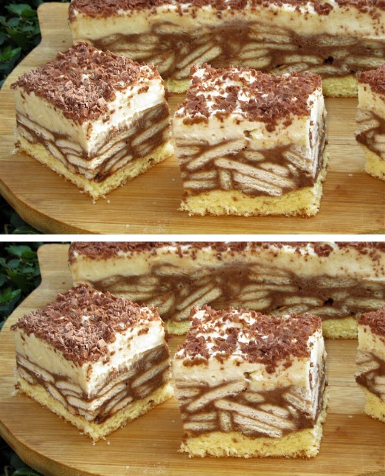 Prăjitură cu blat pufos, cremă fină și umplutură bogată de biscuiți și ciocolată