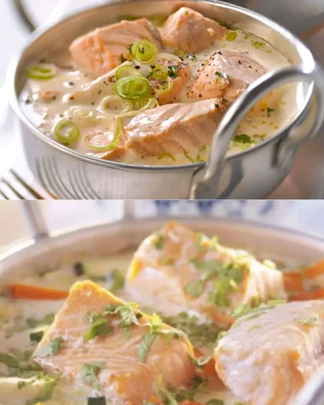 Tocăniță cremoasă de somon cu sos alb și legume Tocăniță cremoasă de somon cu sos alb și legume