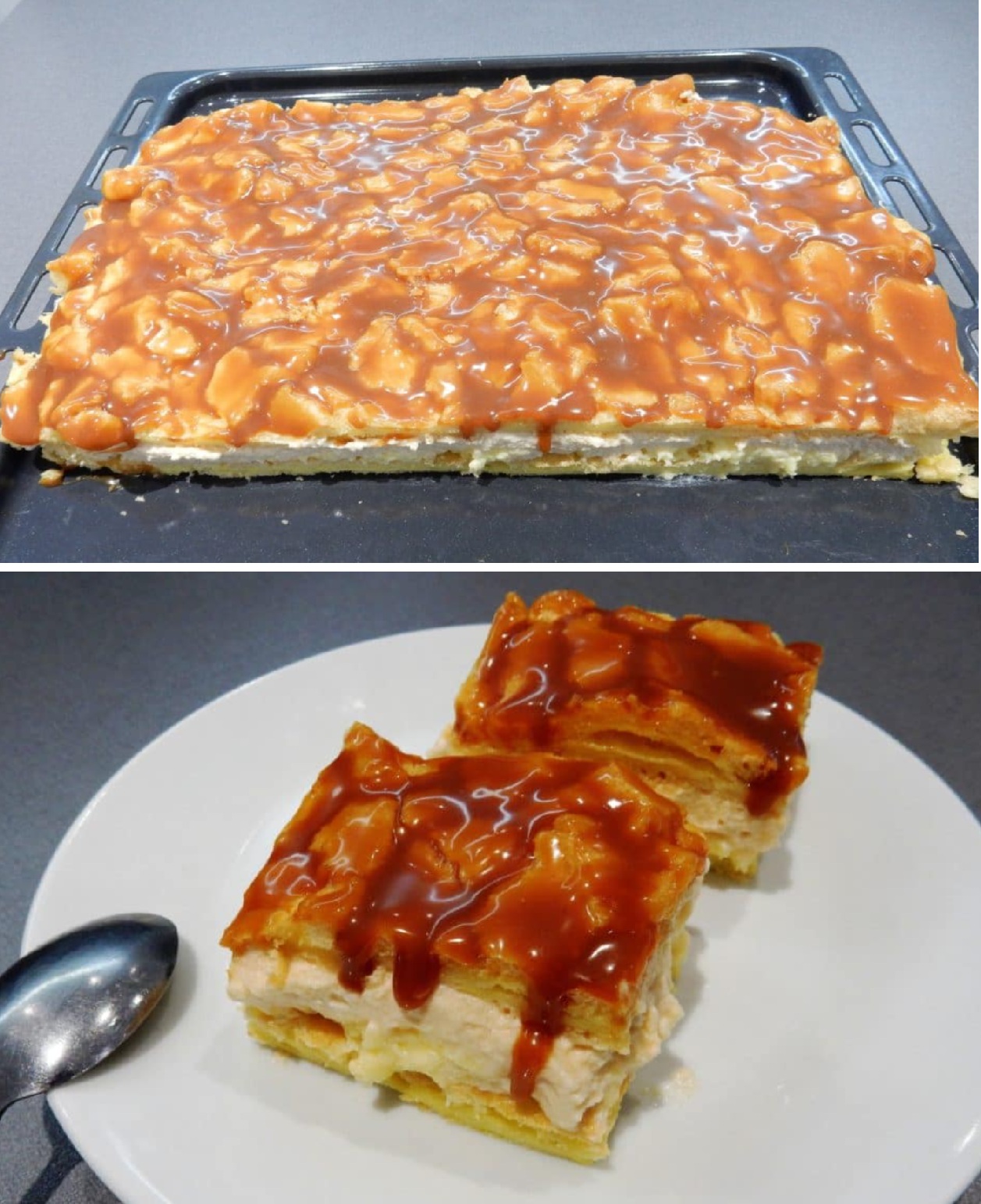 Prăjitură cu caramel, blat opărit și cremă de vanilie