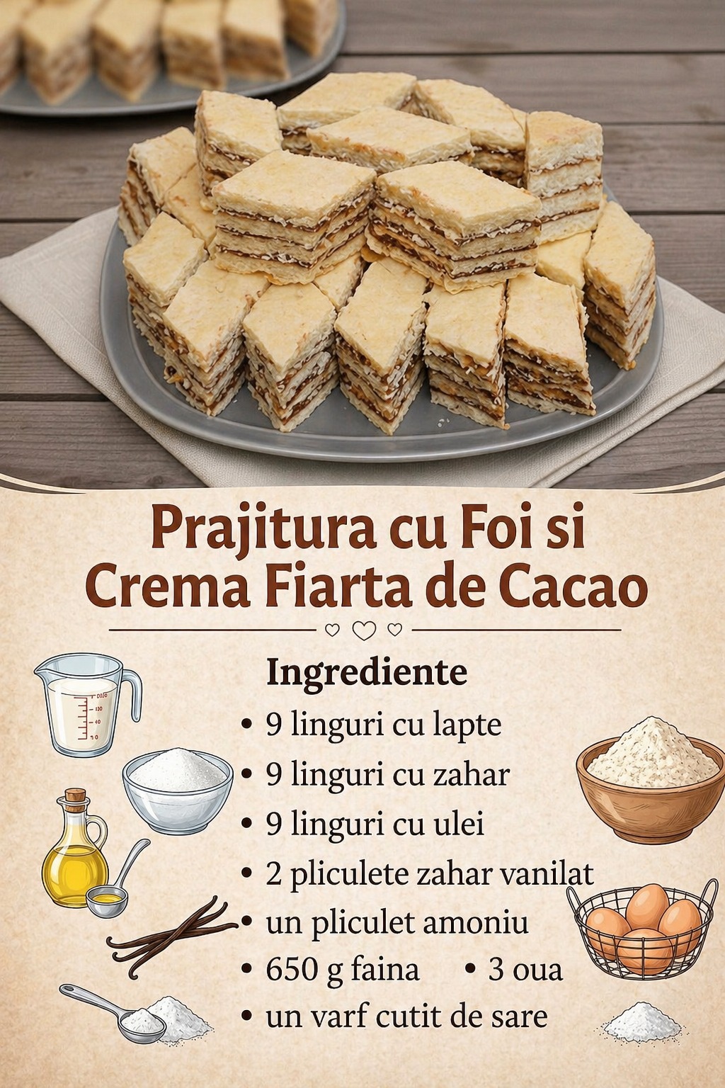 Prăjitură cu foi și cremă fiartă de cacao