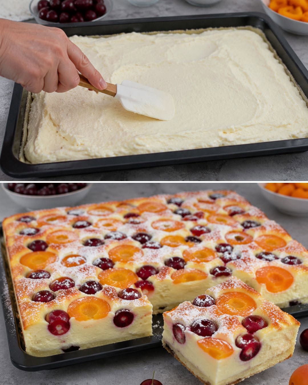 Cheesecake cu fructe, cireșe și caise