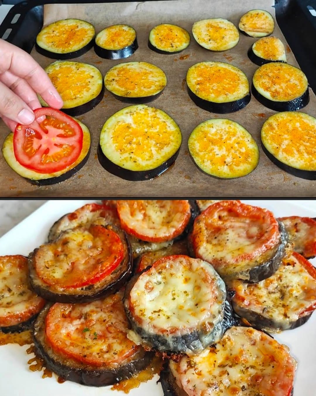 Mini pizza din vinete cu roșii și mozzarella