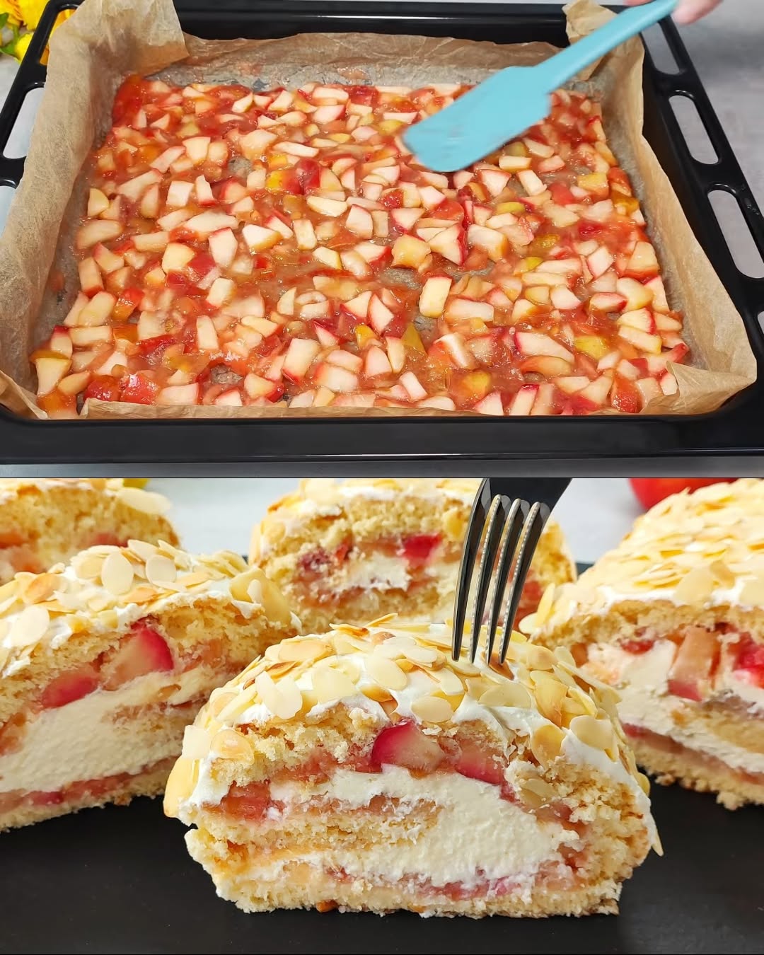 Prăjitură cu mere caramelizate, cremă de brânză și migdale Prăjitură cu mere caramelizate, cremă de brânză și migdale