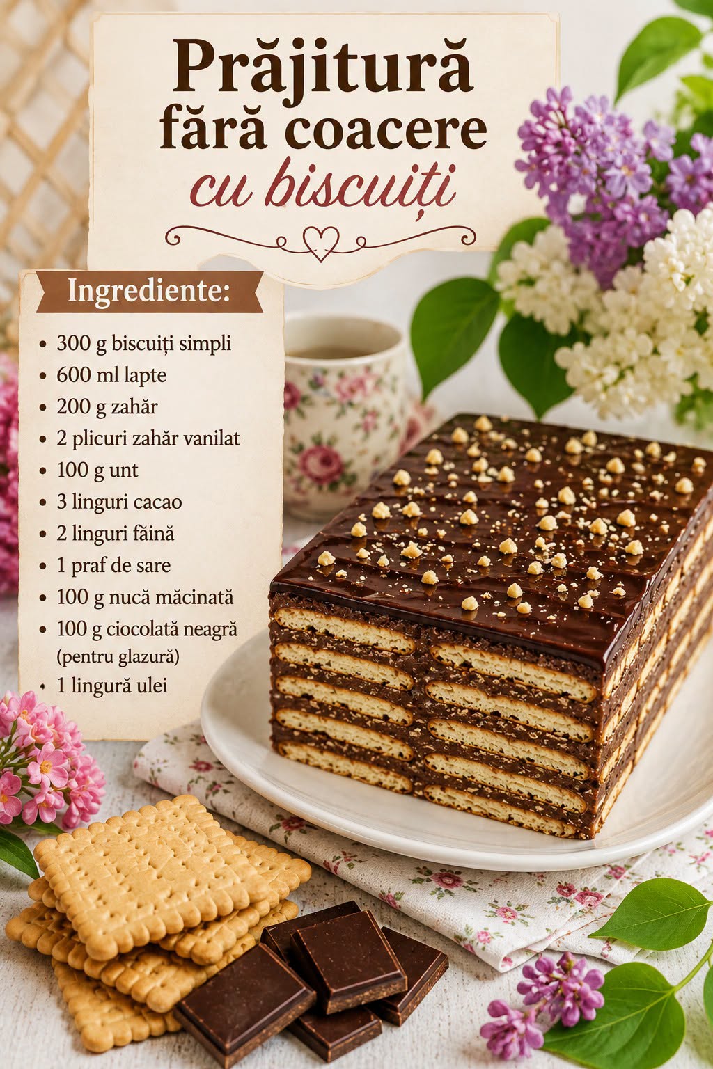 Prăjitură fără coacere cu biscuiți și cremă fină de cacao