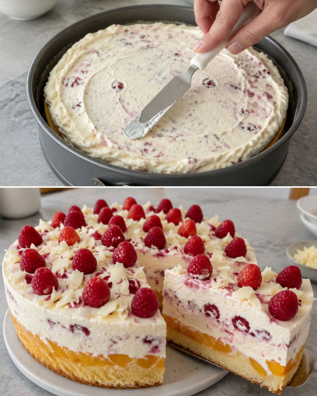Prăjitură Peach Melba cu piersici, iaurt și zmeură