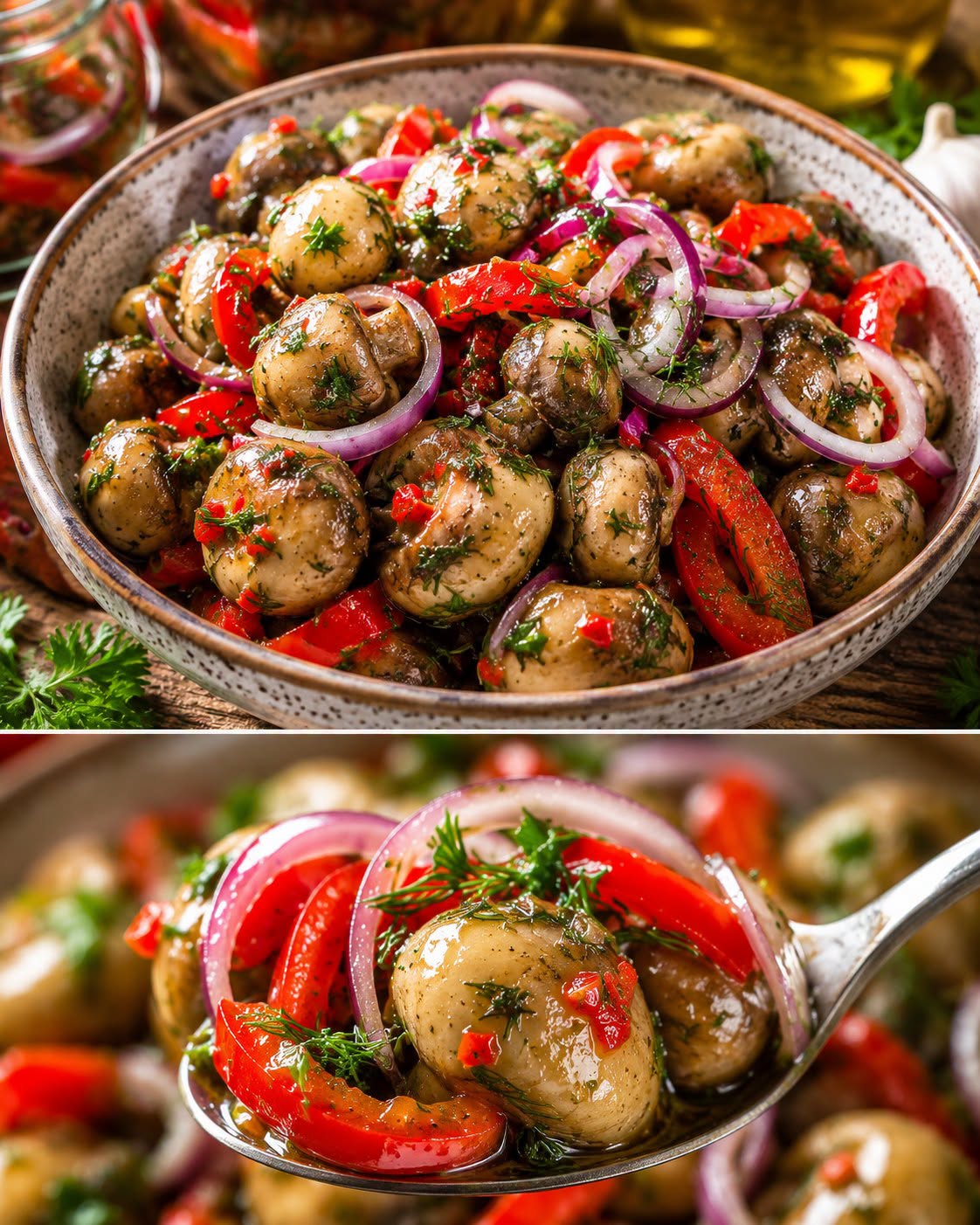 Salată de Ciuperci Marinate cu Ardei și Ceapă Salată de Ciuperci Marinate cu Ardei și Ceapă