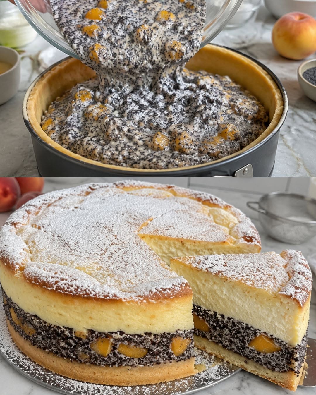 Topfen-Mohn-Kuchen cu piersici