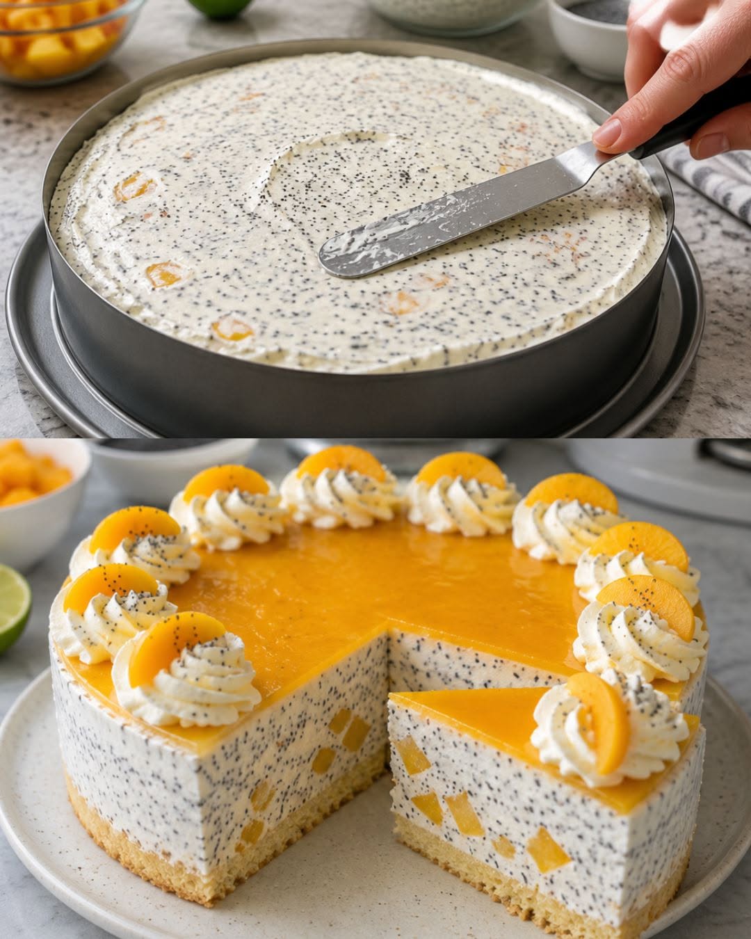 Tort cu mousse de brânză quark și mac Tort cu mousse de brânză quark și mac
