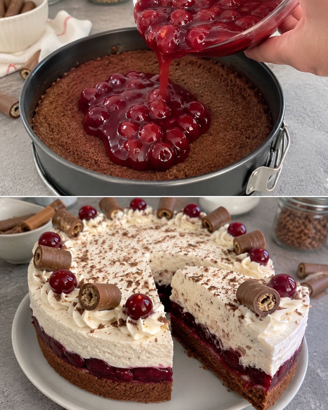 Tort cu rulouri de napolitană și vișine