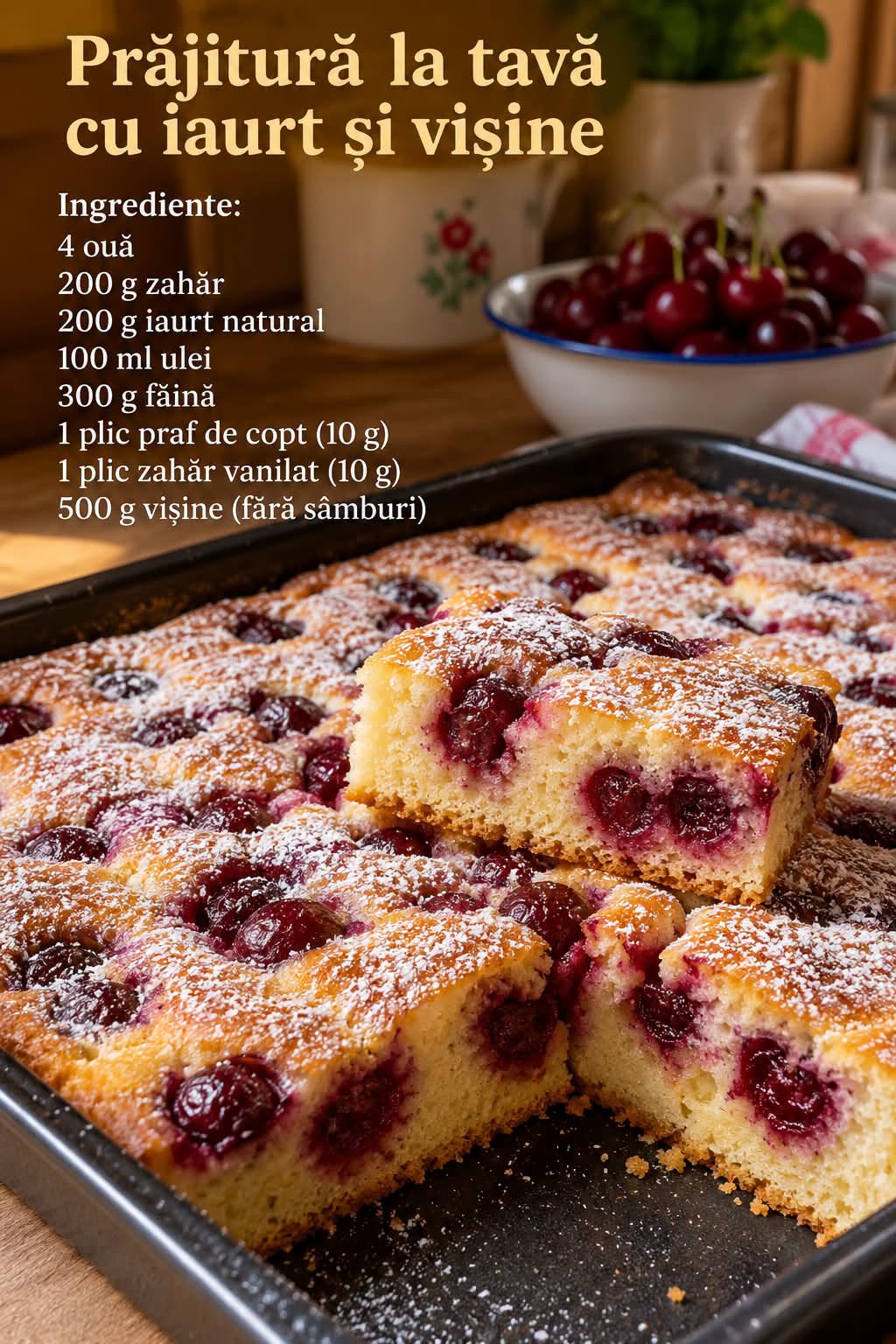 Prăjitură pufoasă, fragedă și plină de vișine! O rețetă simplă, de casă, care merge perfect lângă o cafea sau un ceai. Se face ușor și dispare și mai repede!